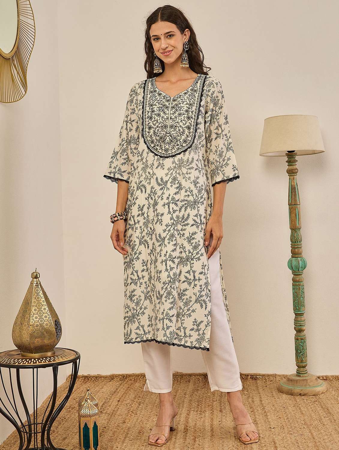 women printed three quarter sleeve kurta pant with dupatta set - 22322238 -  Standard Image - 1