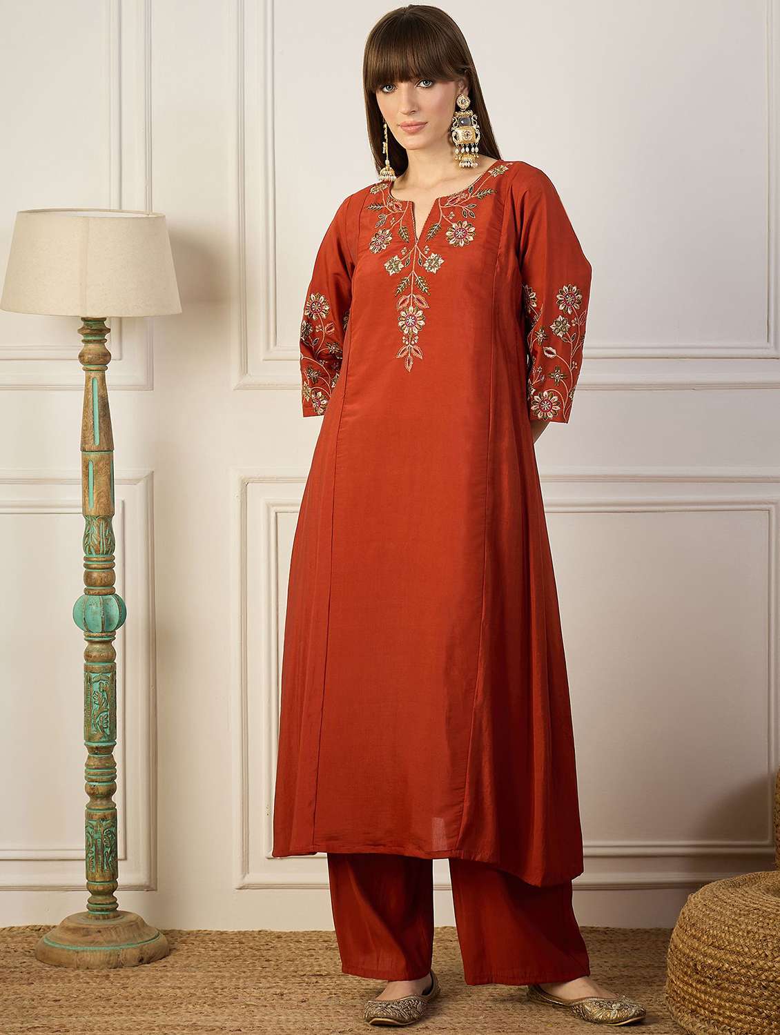 women solid with work three quarter sleeve kurta palazzo with dupatta set - 22322239 -  Standard Image - 1