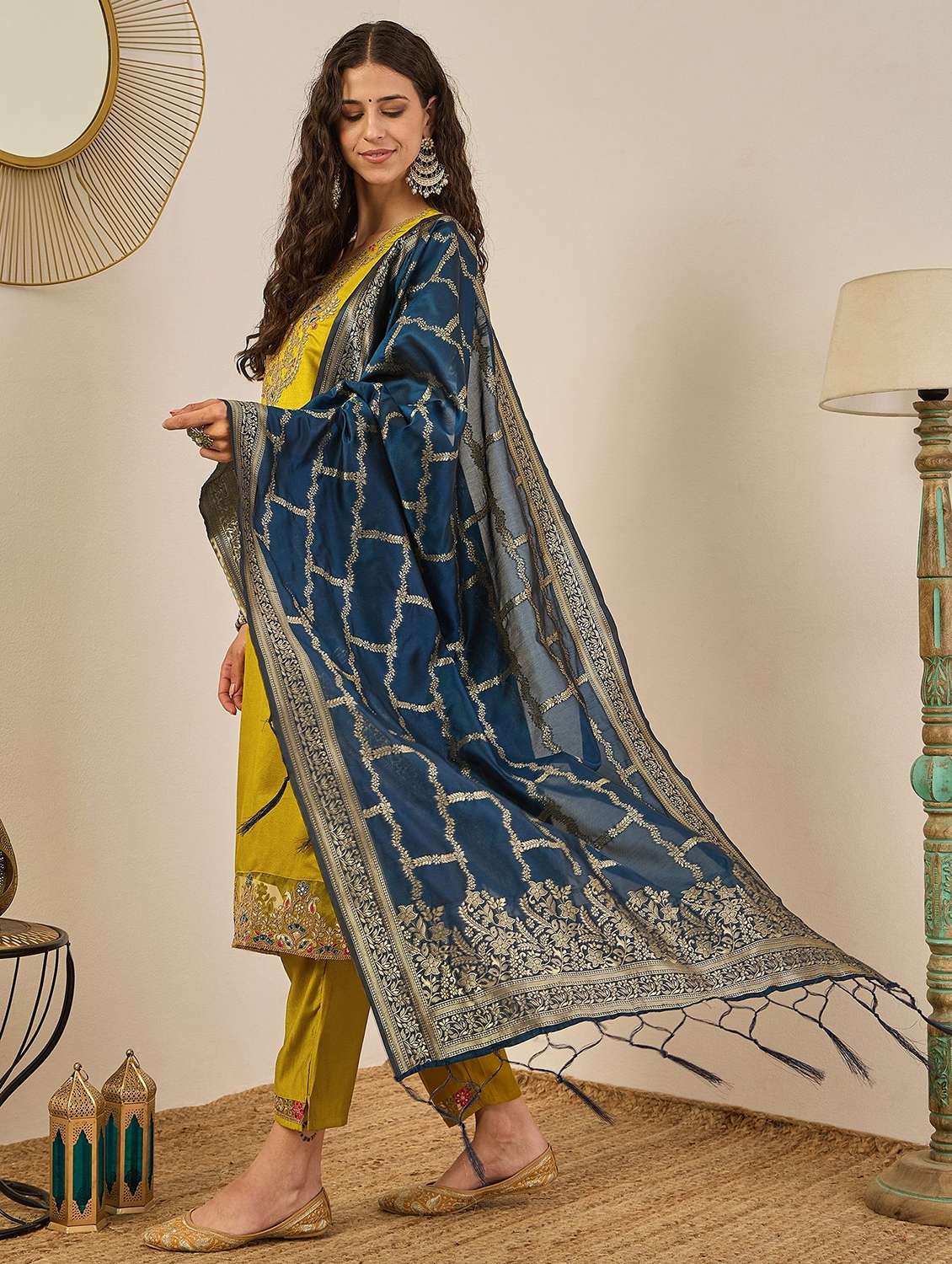 women solid with work three quarter sleeve kurta pant with dupatta set - 22322245 -  Standard Image - 1