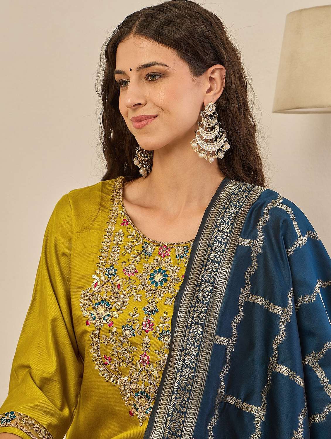 women solid with work three quarter sleeve kurta pant with dupatta set - 22322245 -  Standard Image - 4