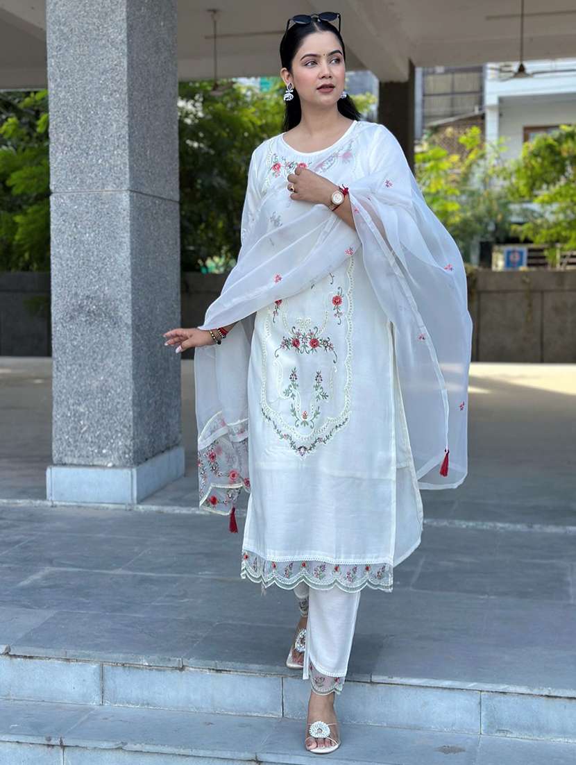 women solid with work three quarter sleeve kurta pant with dupatta set - 22322270 -  Standard Image - 1