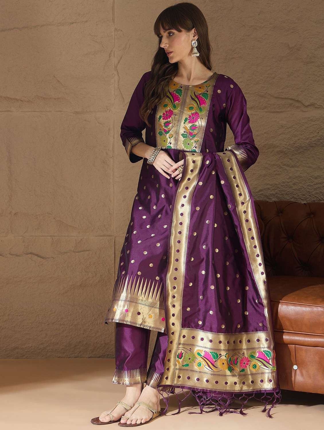 Women Self Design Three Quarter Sleeve Kurta Pant With Dupatta Set - 22322273 -  Standard Image - 1