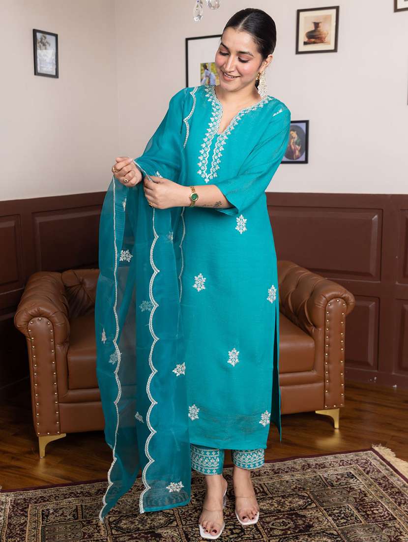 women solid with work three quarter sleeve kurta pant with dupatta set - 22322275 -  Standard Image - 1