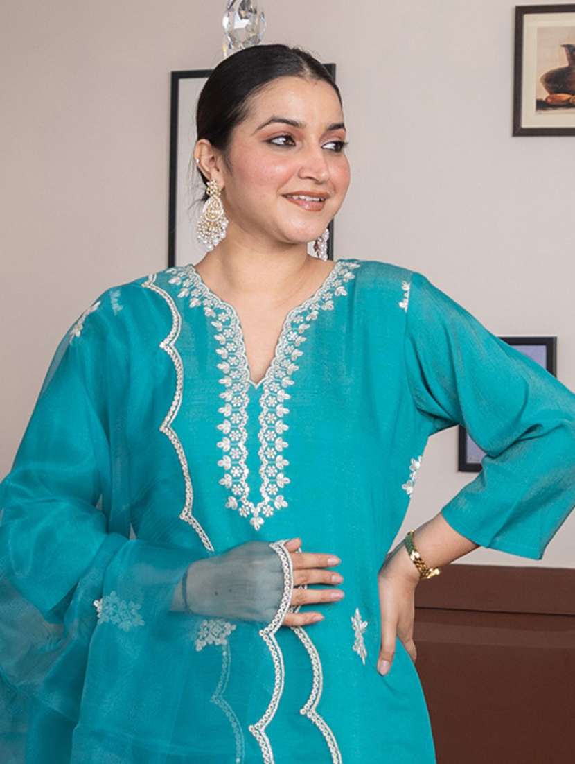 women solid with work three quarter sleeve kurta pant with dupatta set - 22322275 -  Standard Image - 4