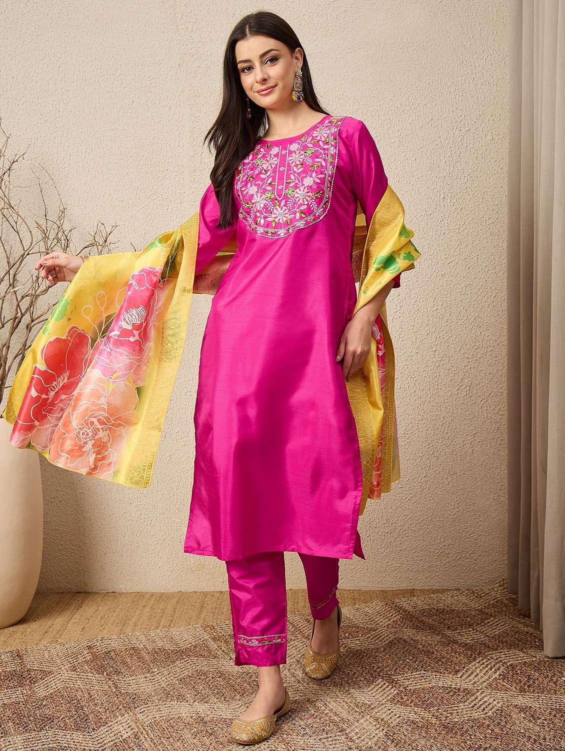 women solid with work three quarter sleeve kurta pant with dupatta set - 22322282 -  Standard Image - 1
