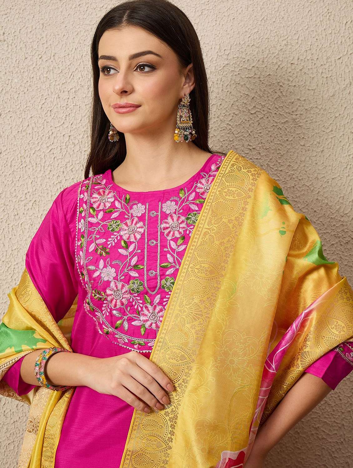 women solid with work three quarter sleeve kurta pant with dupatta set - 22322282 -  Standard Image - 4