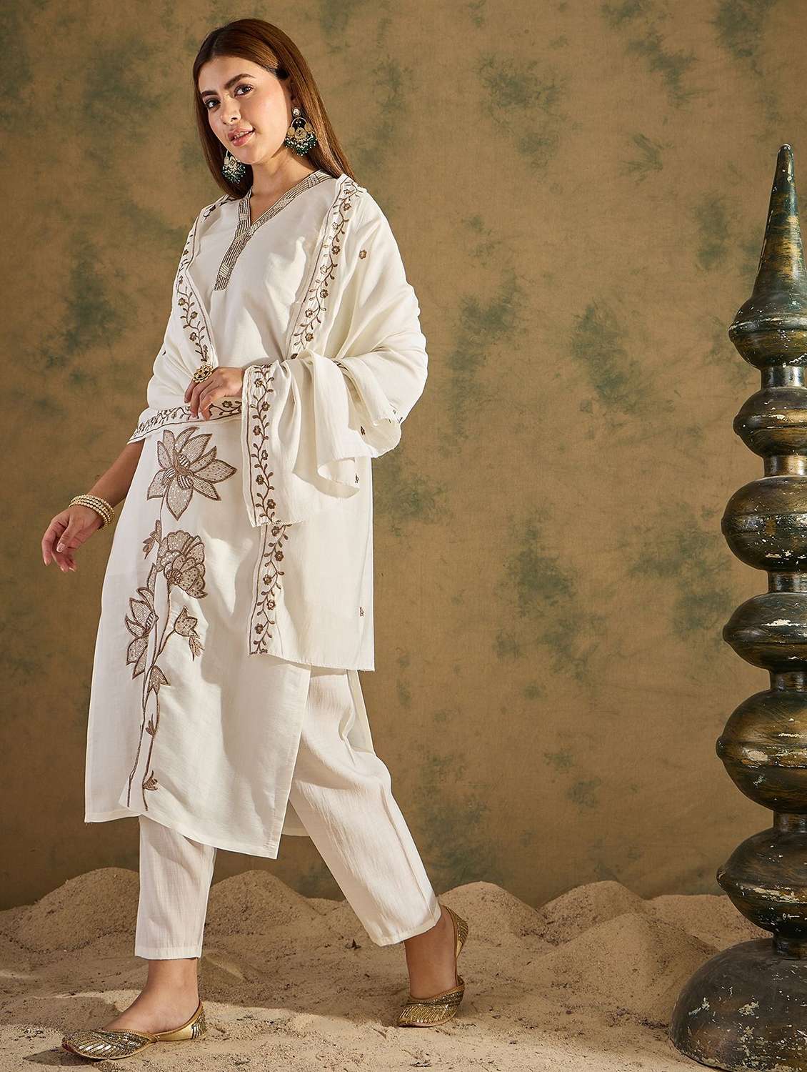 women solid with work three quarter sleeve kurta pant with dupatta set - 22322283 -  Standard Image - 1