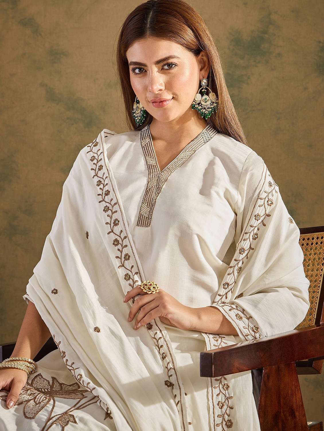 women solid with work three quarter sleeve kurta pant with dupatta set - 22322283 -  Standard Image - 4