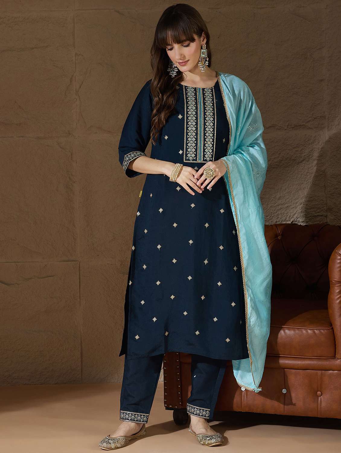 women solid with work three quarter sleeve kurta pant with dupatta set