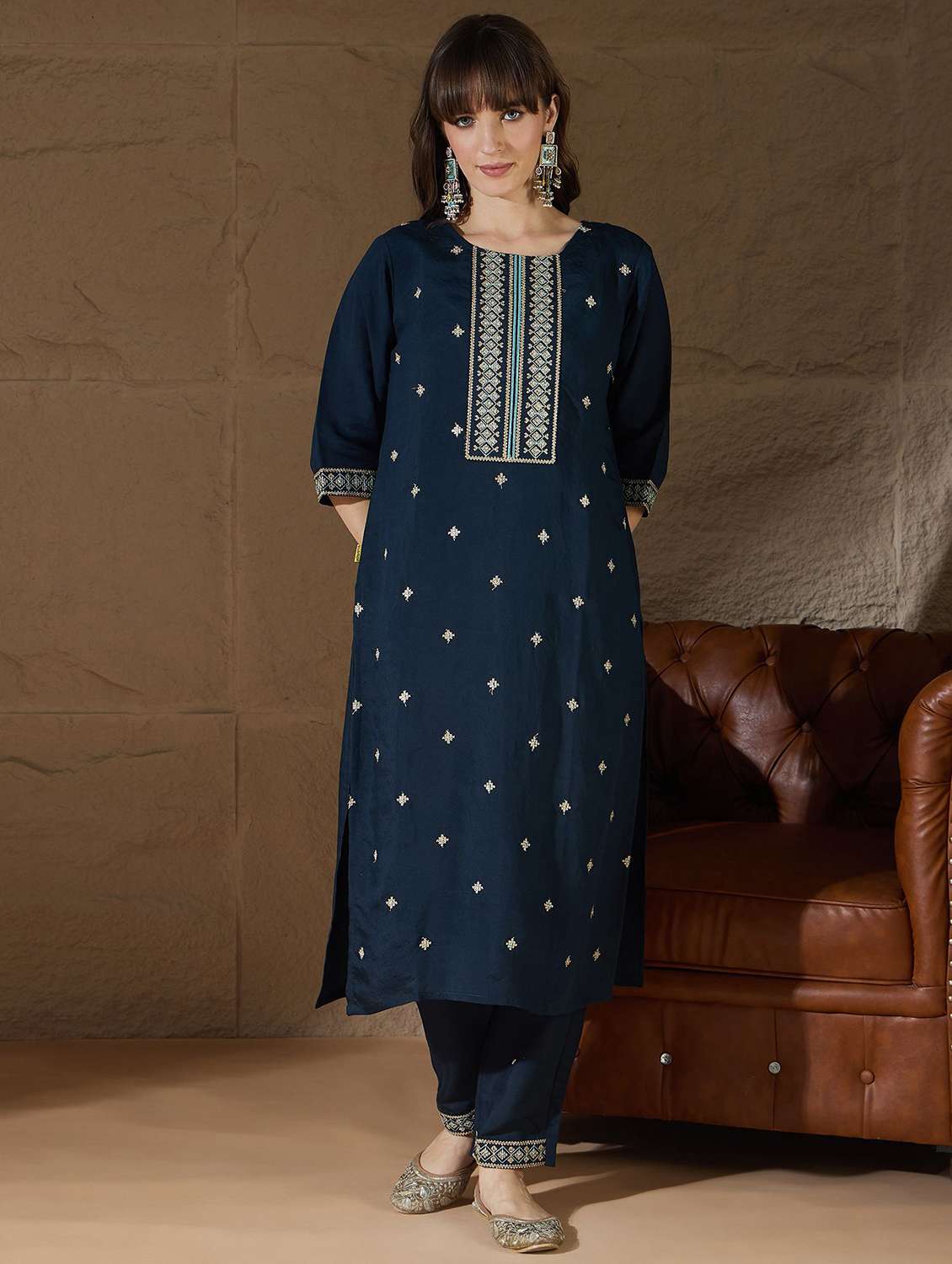 women solid with work three quarter sleeve kurta pant with dupatta set - 22322286 -  Standard Image - 1