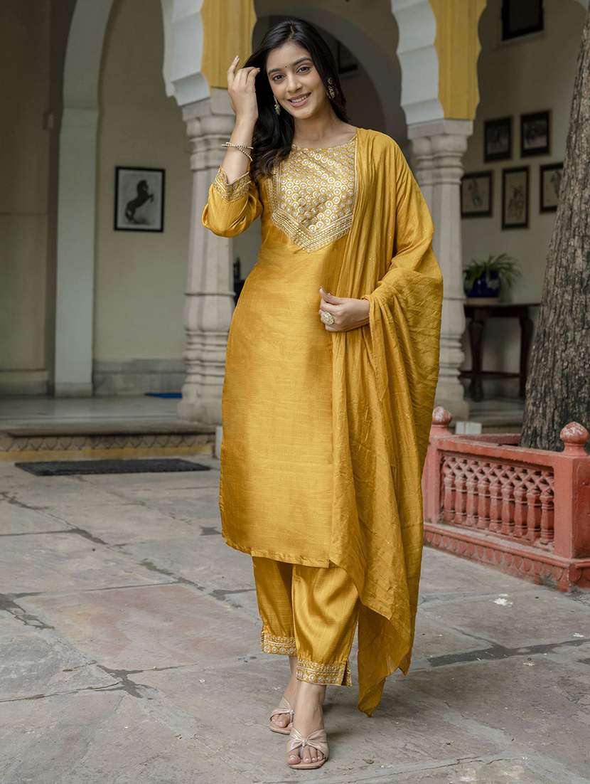 women solid with work three quarter sleeve kurta pant with dupatta set - 22322291 -  Standard Image - 1