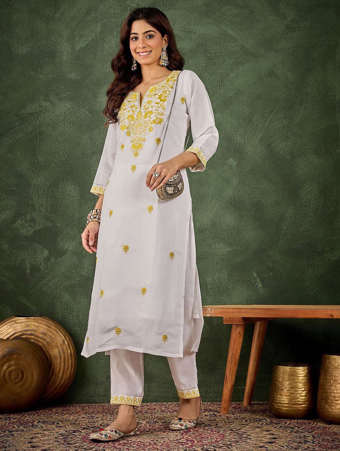 women solid with work three quarter sleeve kurta pant set