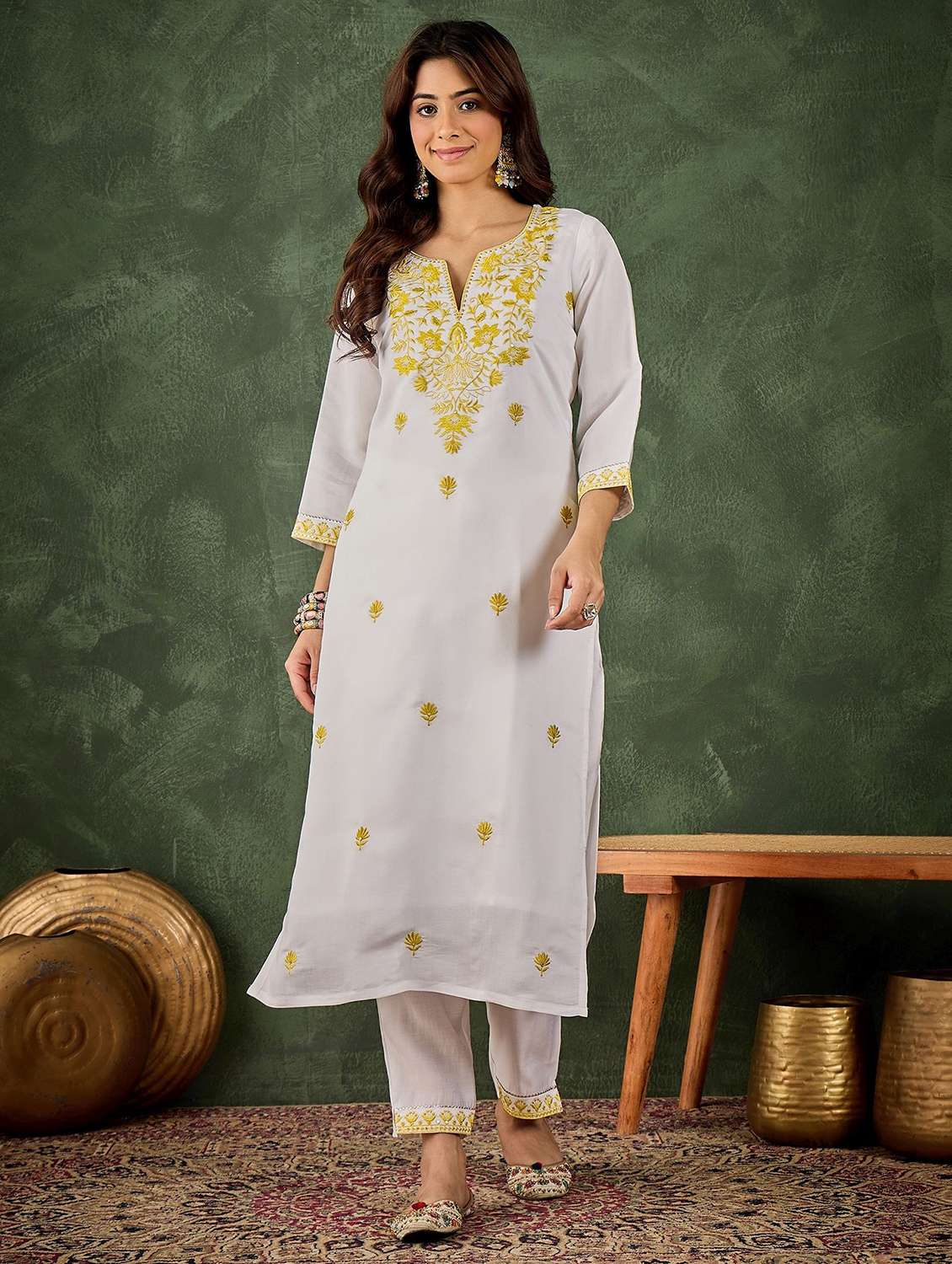 women solid with work three quarter sleeve kurta pant set - 22322292 -  Standard Image - 1
