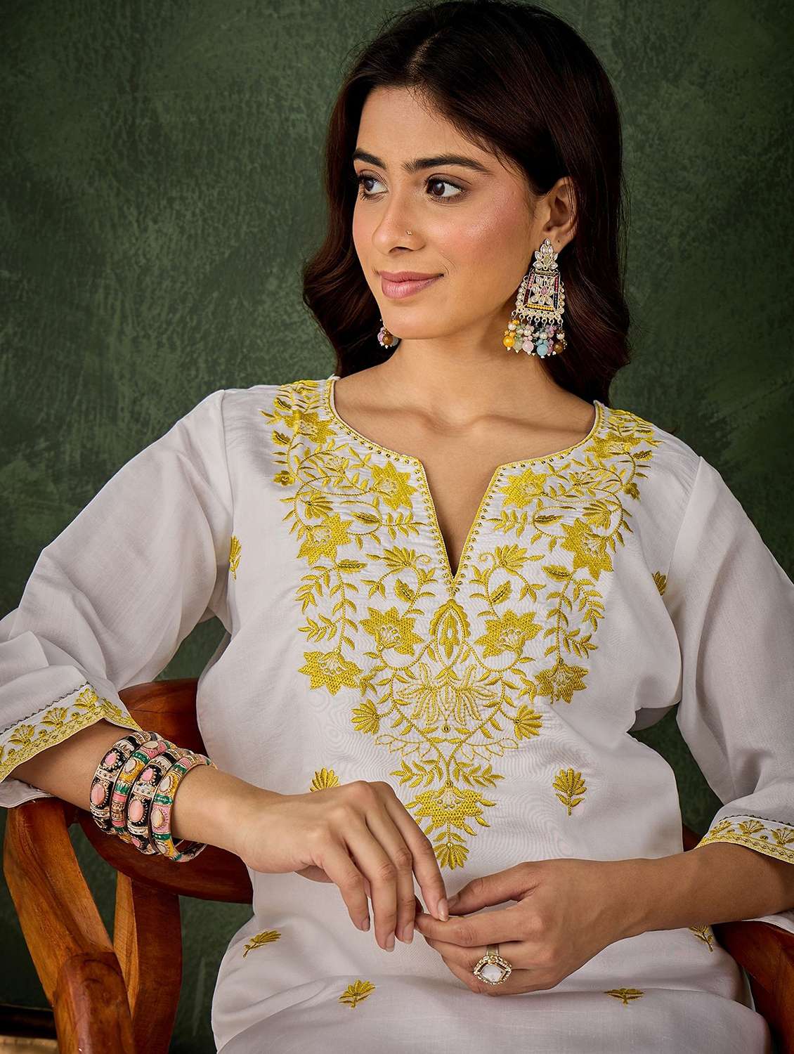 women solid with work three quarter sleeve kurta pant set - 22322292 -  Standard Image - 4
