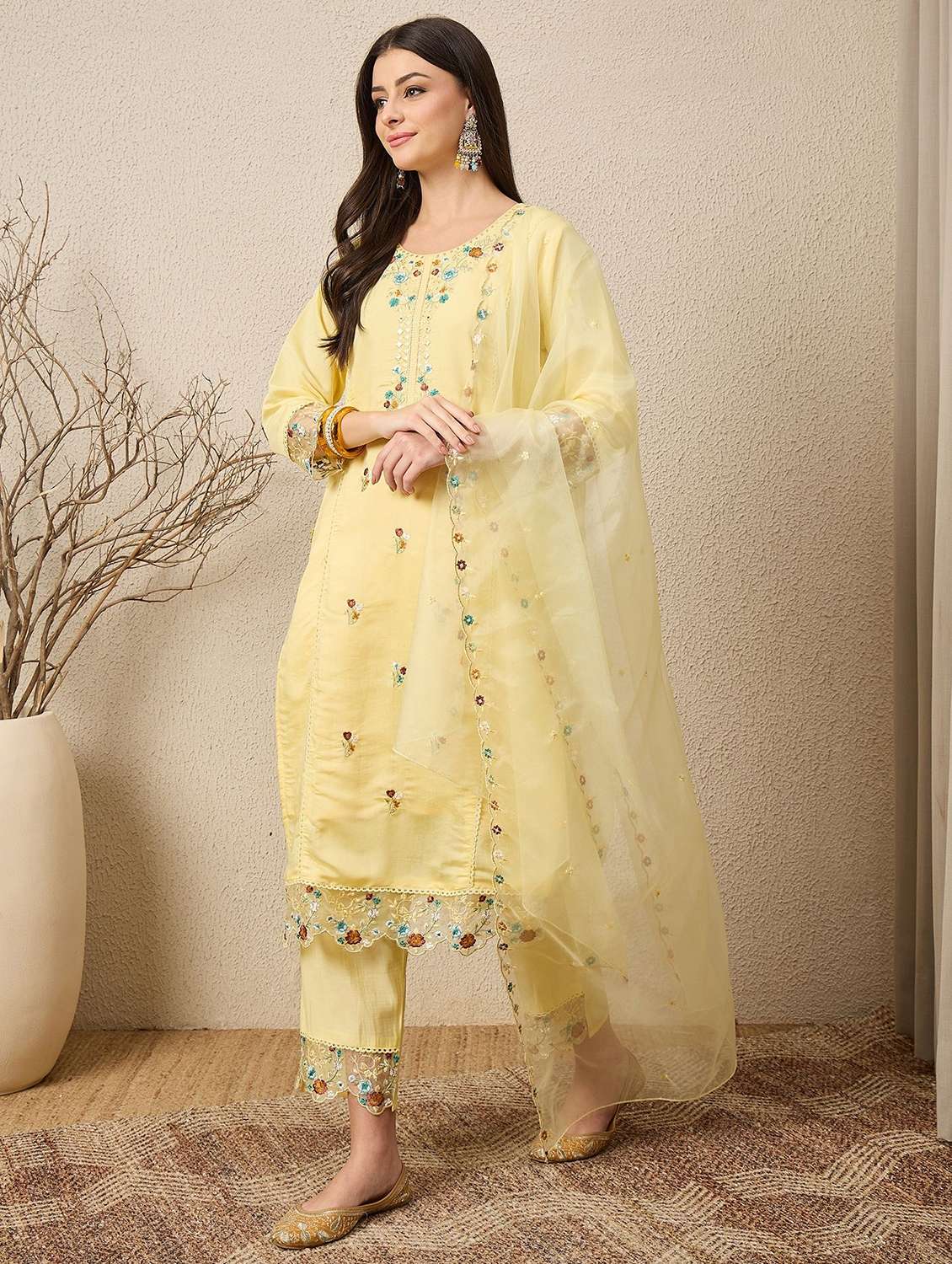 women solid with work three quarter sleeve kurta pant with dupatta set - 22322298 -  Standard Image - 1