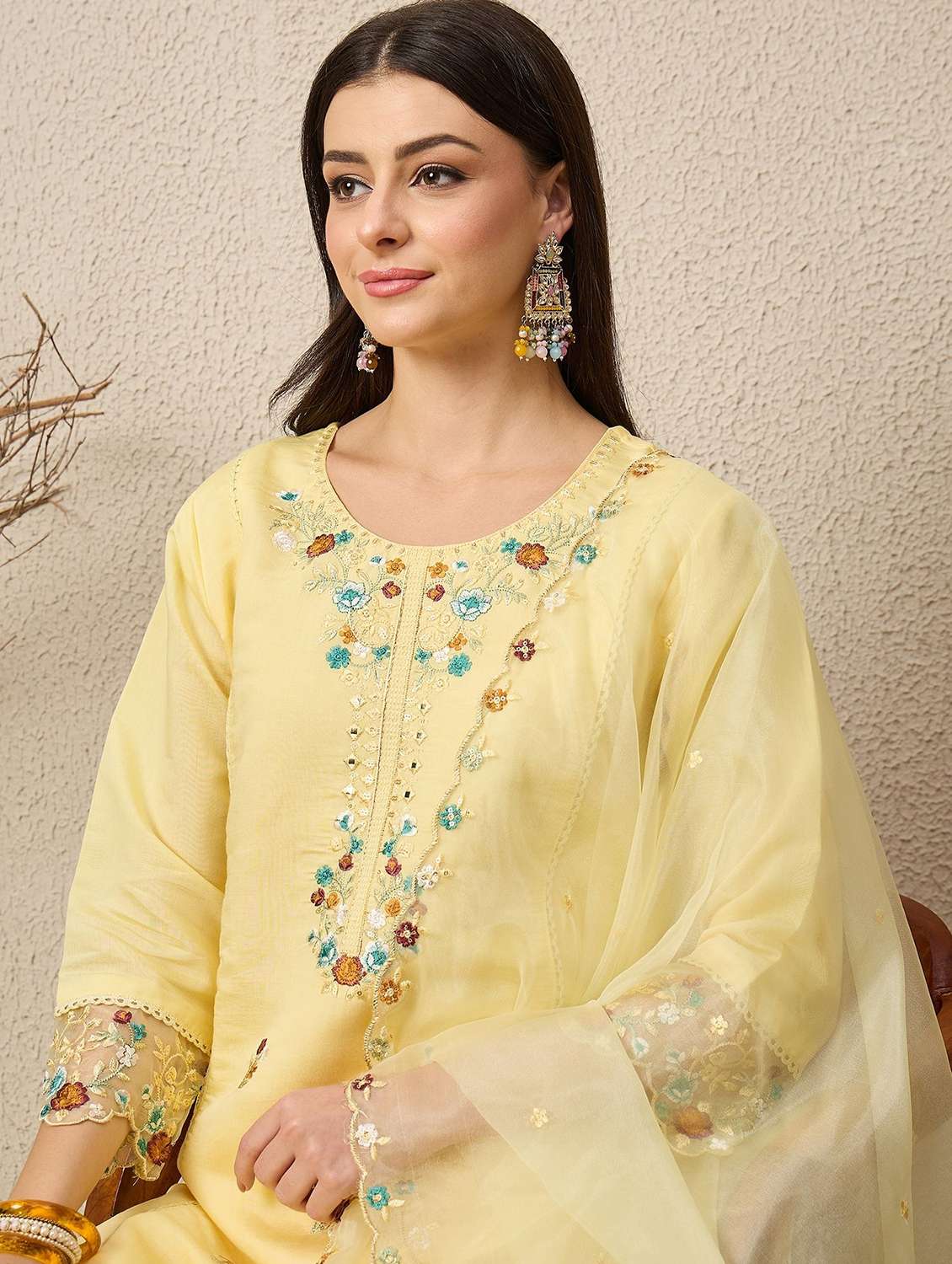 women solid with work three quarter sleeve kurta pant with dupatta set - 22322298 -  Standard Image - 4
