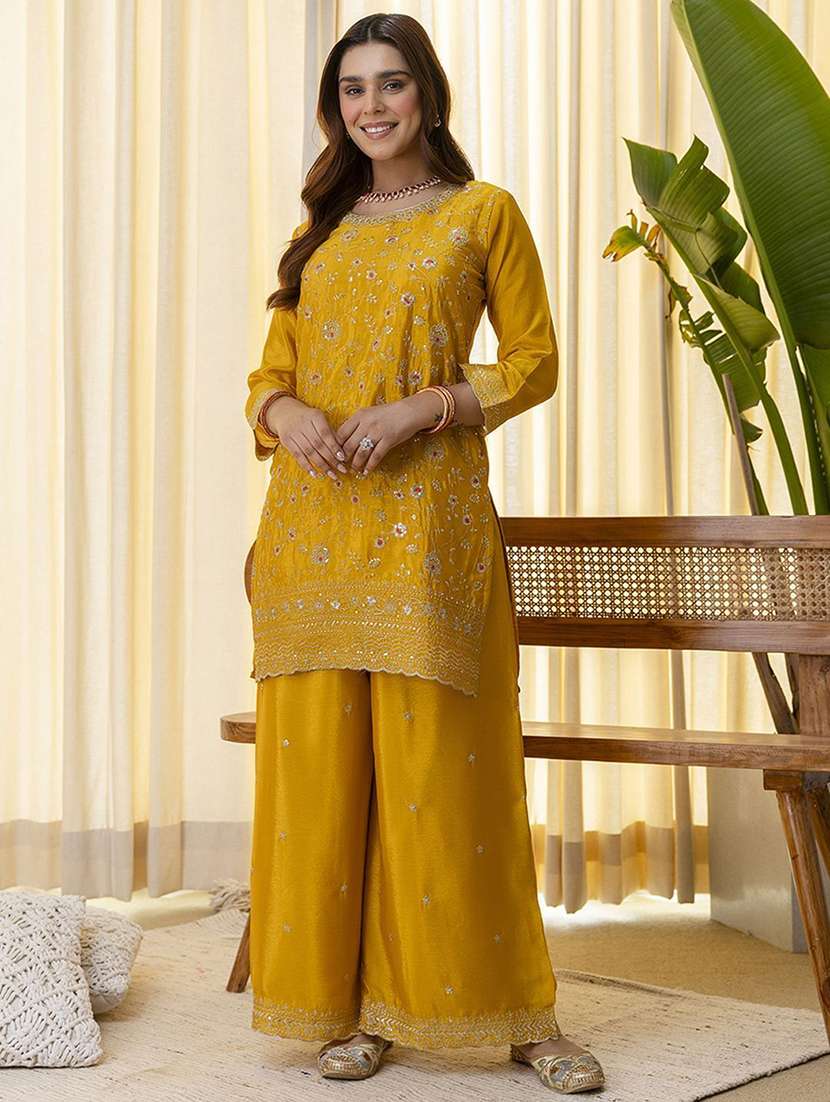 women solid with work three quarter sleeve kurta palazzo with dupatta set - 22322304 -  Standard Image - 1