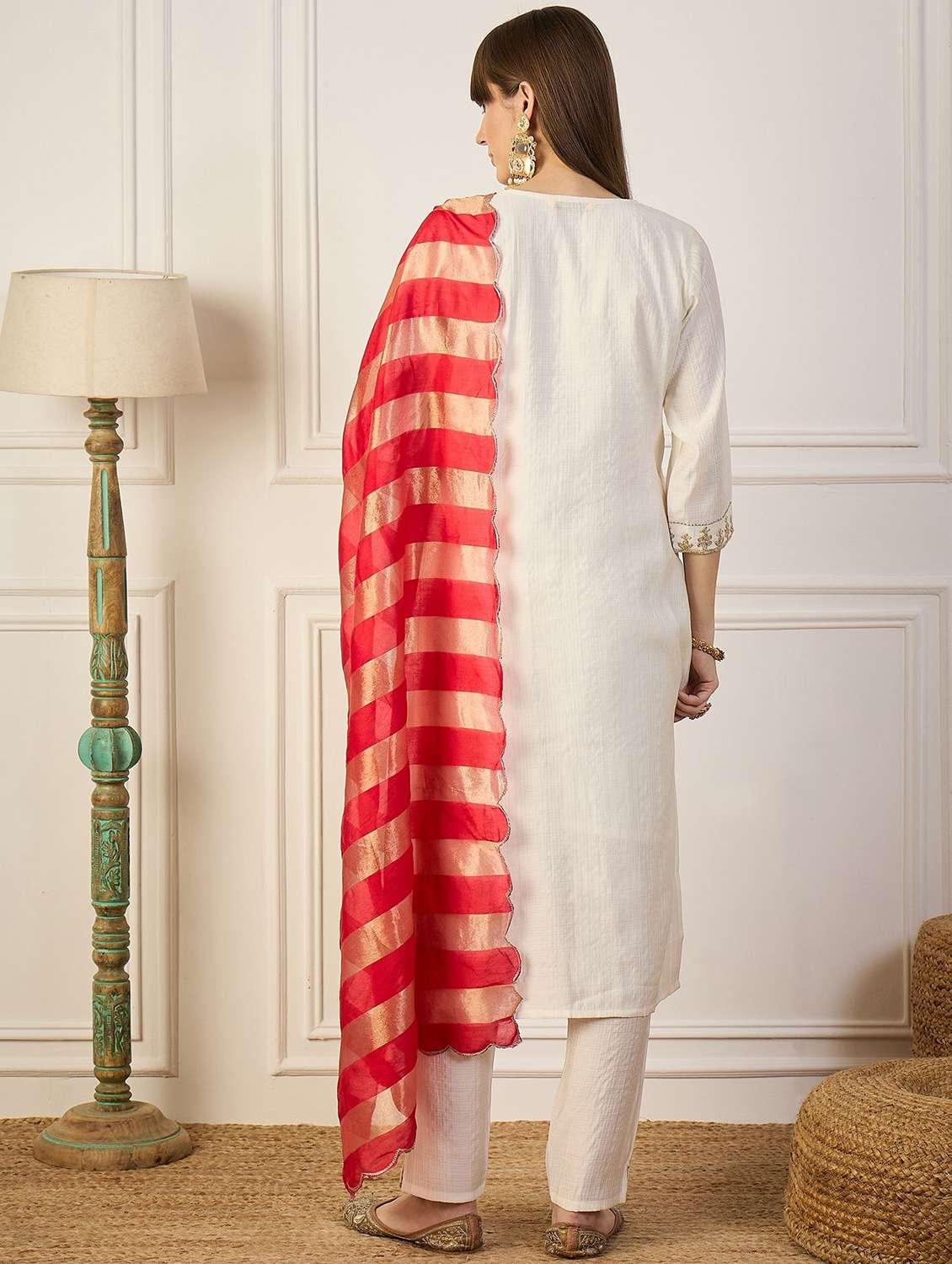 women solid with work three quarter sleeve kurta pant with dupatta set - 22322307 -  Standard Image - 1