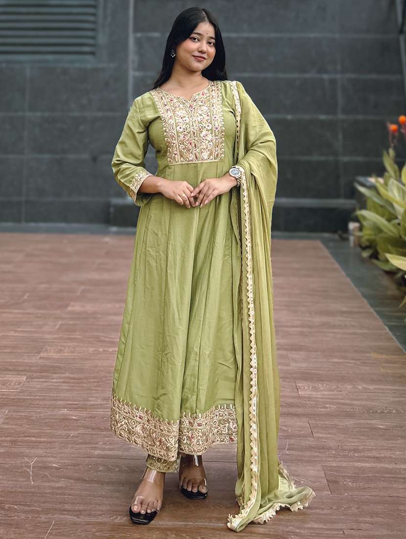 women solid with work three quarter sleeve kurta pant with dupatta set - 22322309 -  Standard Image - 1