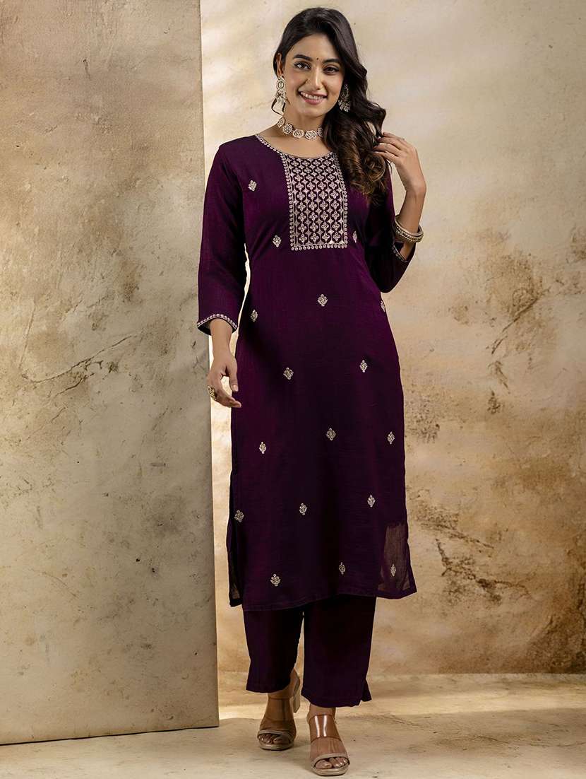women solid with work three quarter sleeve kurta pant with dupatta set - 22322310 -  Standard Image - 1