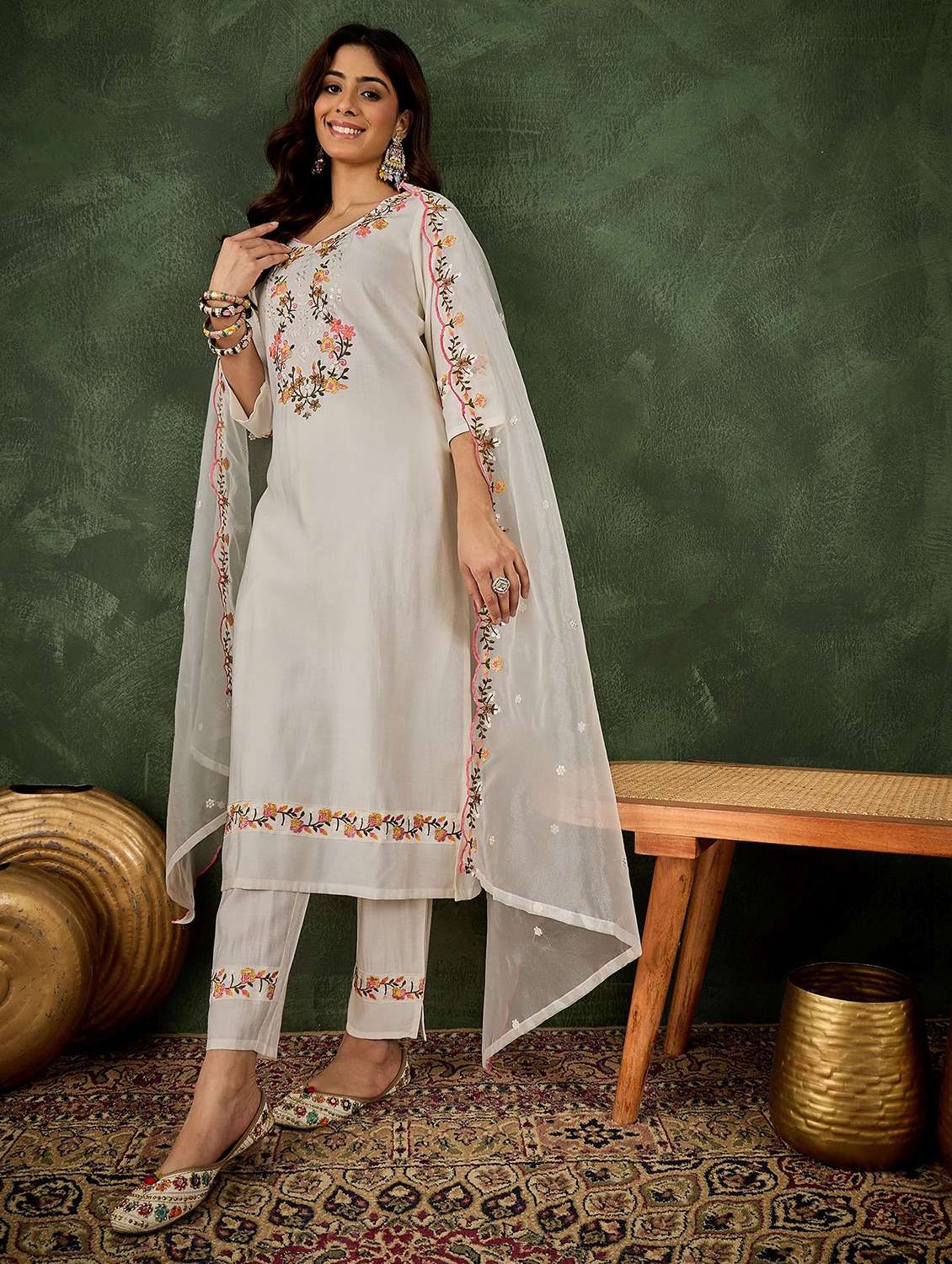 women solid with work three quarter sleeve kurta pant with dupatta set - 22322314 -  Standard Image - 1