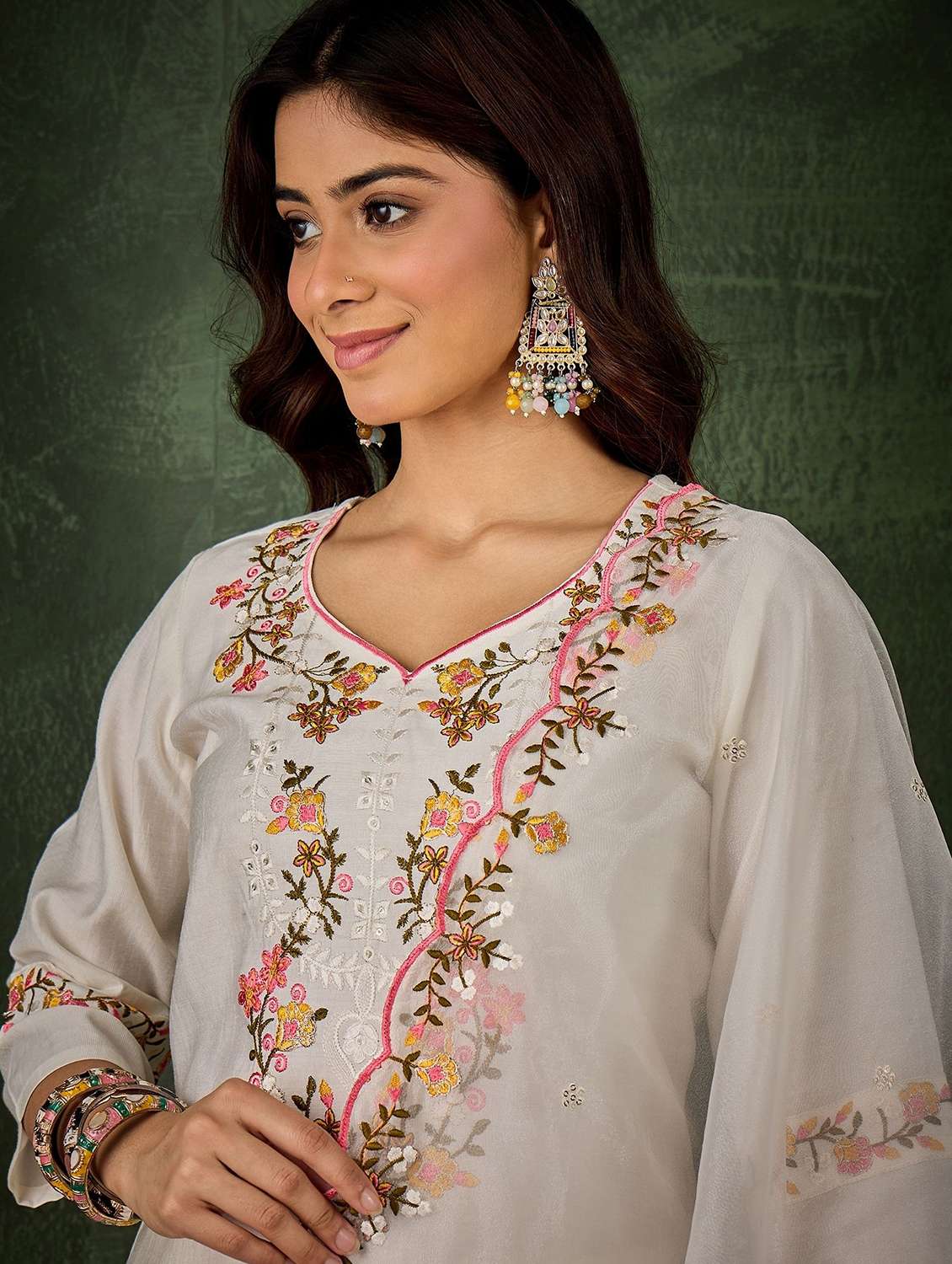 women solid with work three quarter sleeve kurta pant with dupatta set - 22322314 -  Standard Image - 4