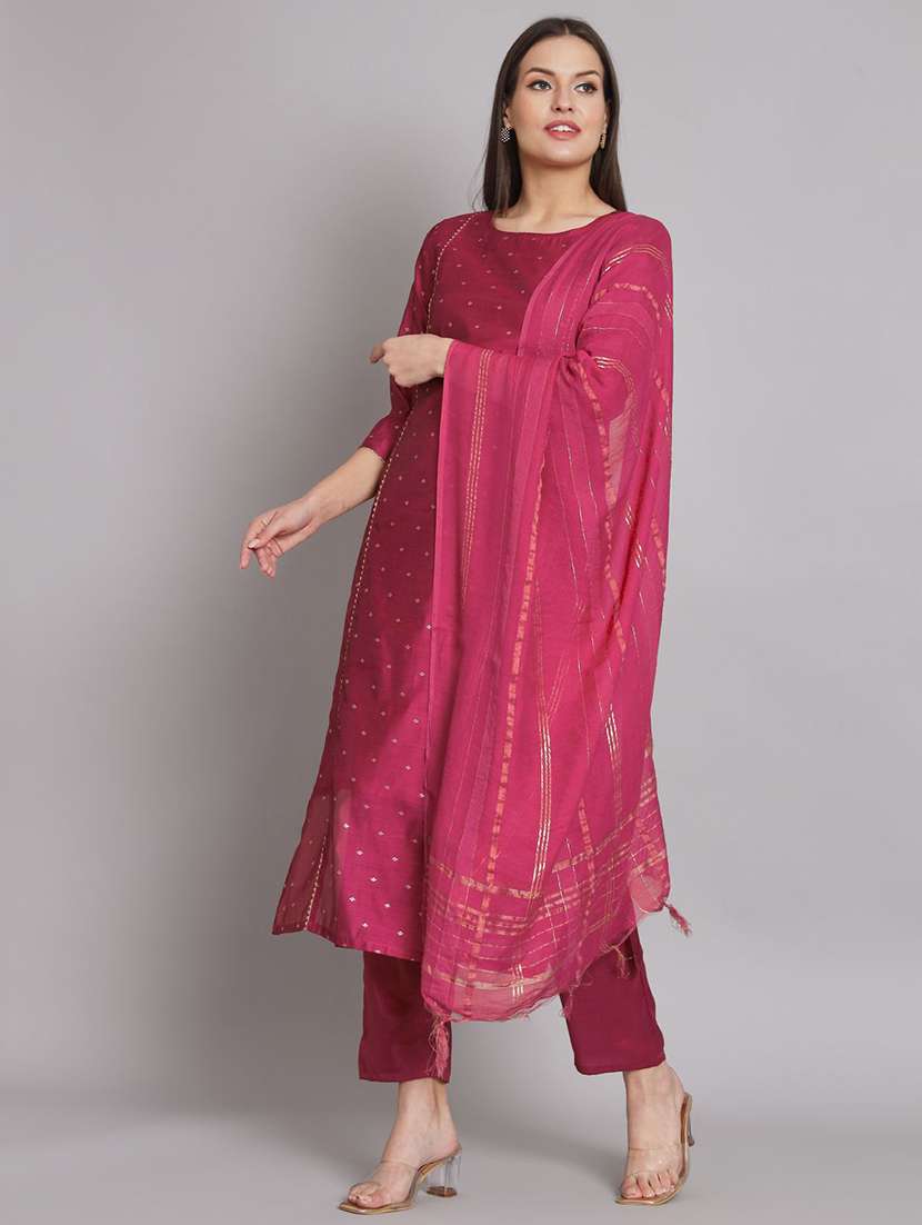 women solid with work round neck kurta pant with dupatta set  - 22322316 -  Standard Image - 1