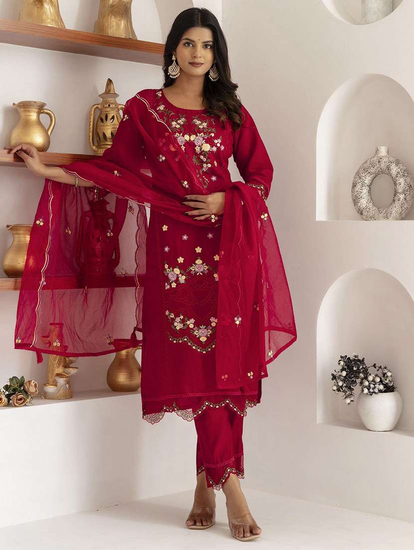 women solid with work round neck kurta pant with dupatta set  - 22322319 -  Standard Image - 1