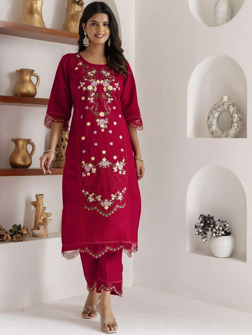 women solid with work round neck kurta pant with dupatta set  - 22322319 -  Standard Image - 4