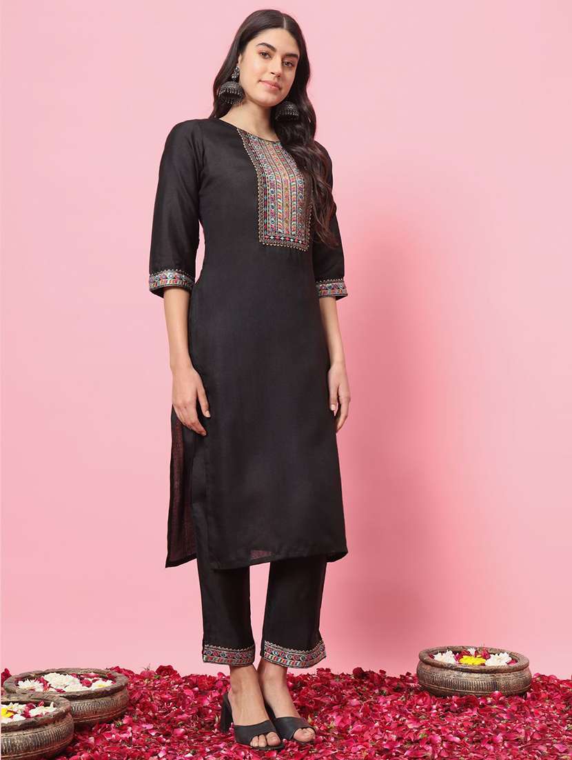 women solid with work three quarter sleeve kurta pant with dupatta set - 22322322 -  Standard Image - 1