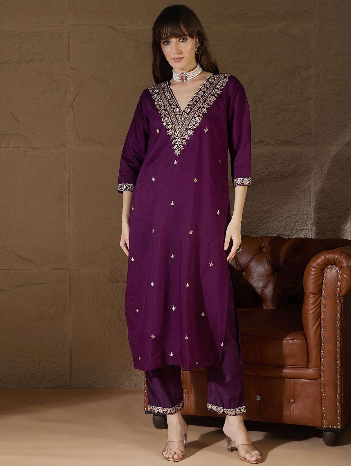 women solid with work v neck kurta pant with dupatta set - 22322323 -  Standard Image - 1