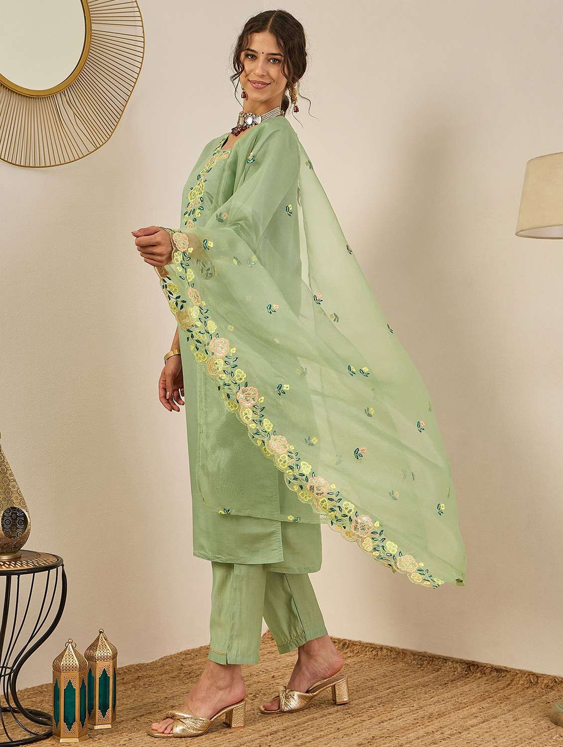 women solid with work three quarter sleeve kurta pant with dupatta set - 22322336 -  Standard Image - 1