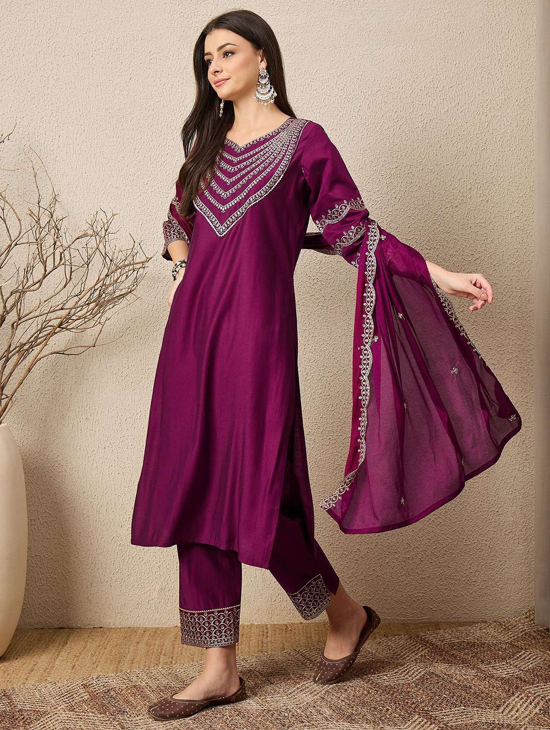 women solid with work three quarter sleeve kurta pant with dupatta set - 22322337 -  Standard Image - 1