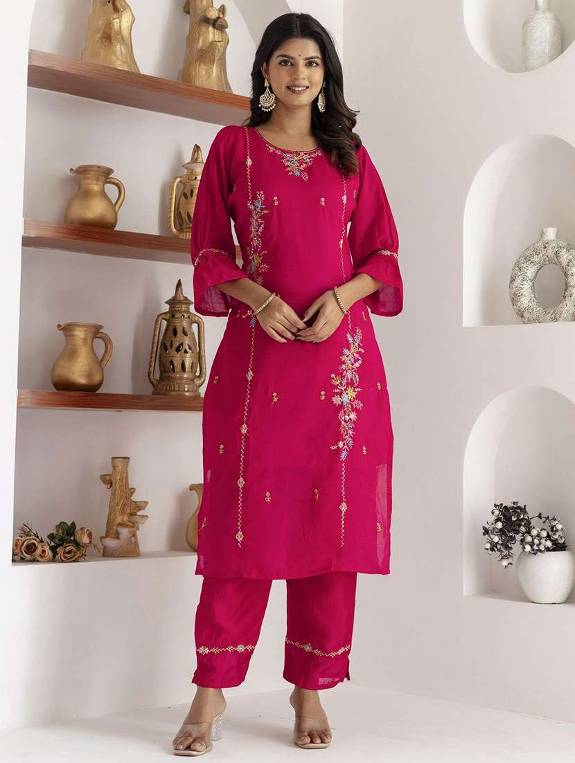 women solid with work three quarter sleeve kurta pant with dupatta set - 22322338 -  Standard Image - 1