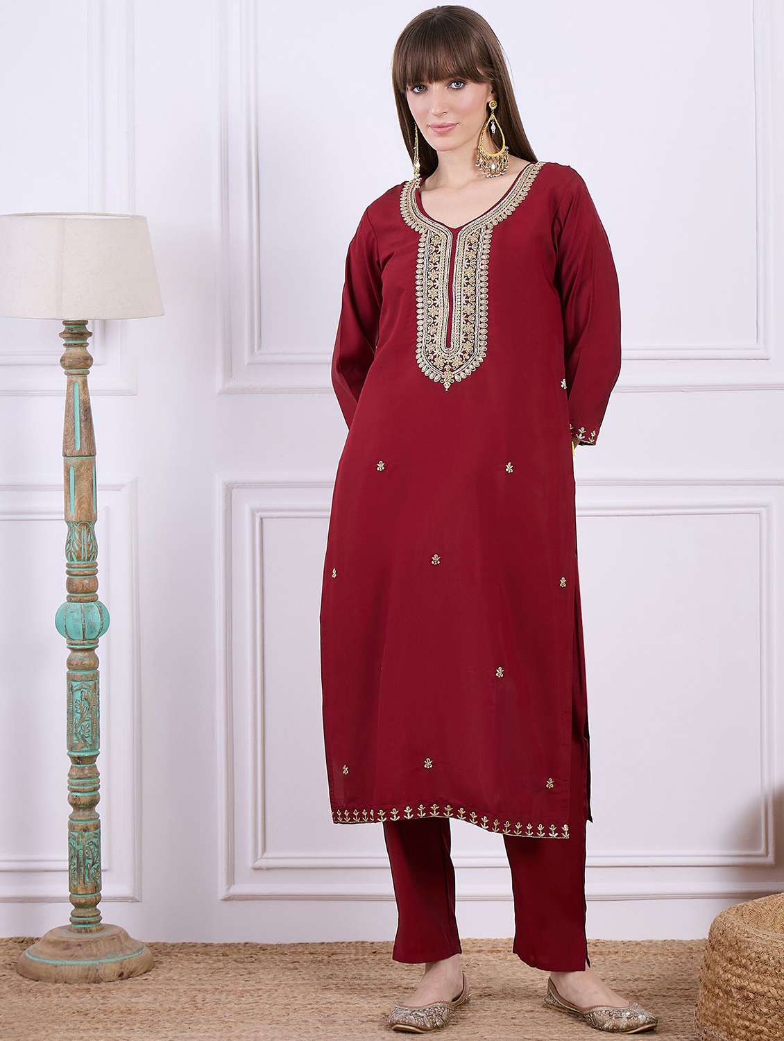 women solid with work three quarter sleeve kurta pant with dupatta set - 22322344 -  Standard Image - 1