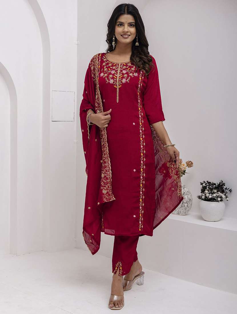 women solid with work three quarter sleeve kurta pant with dupatta set - 22322348 -  Standard Image - 1