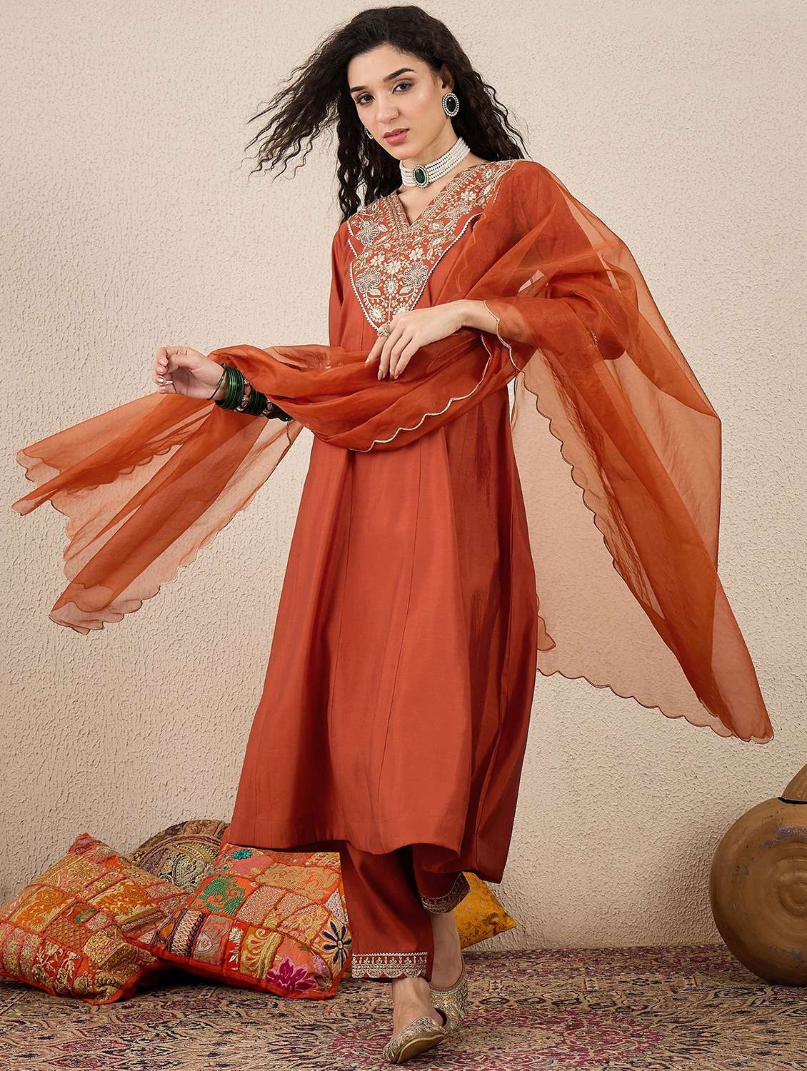 women solid with work three quarter sleeve kurta pant with dupatta set