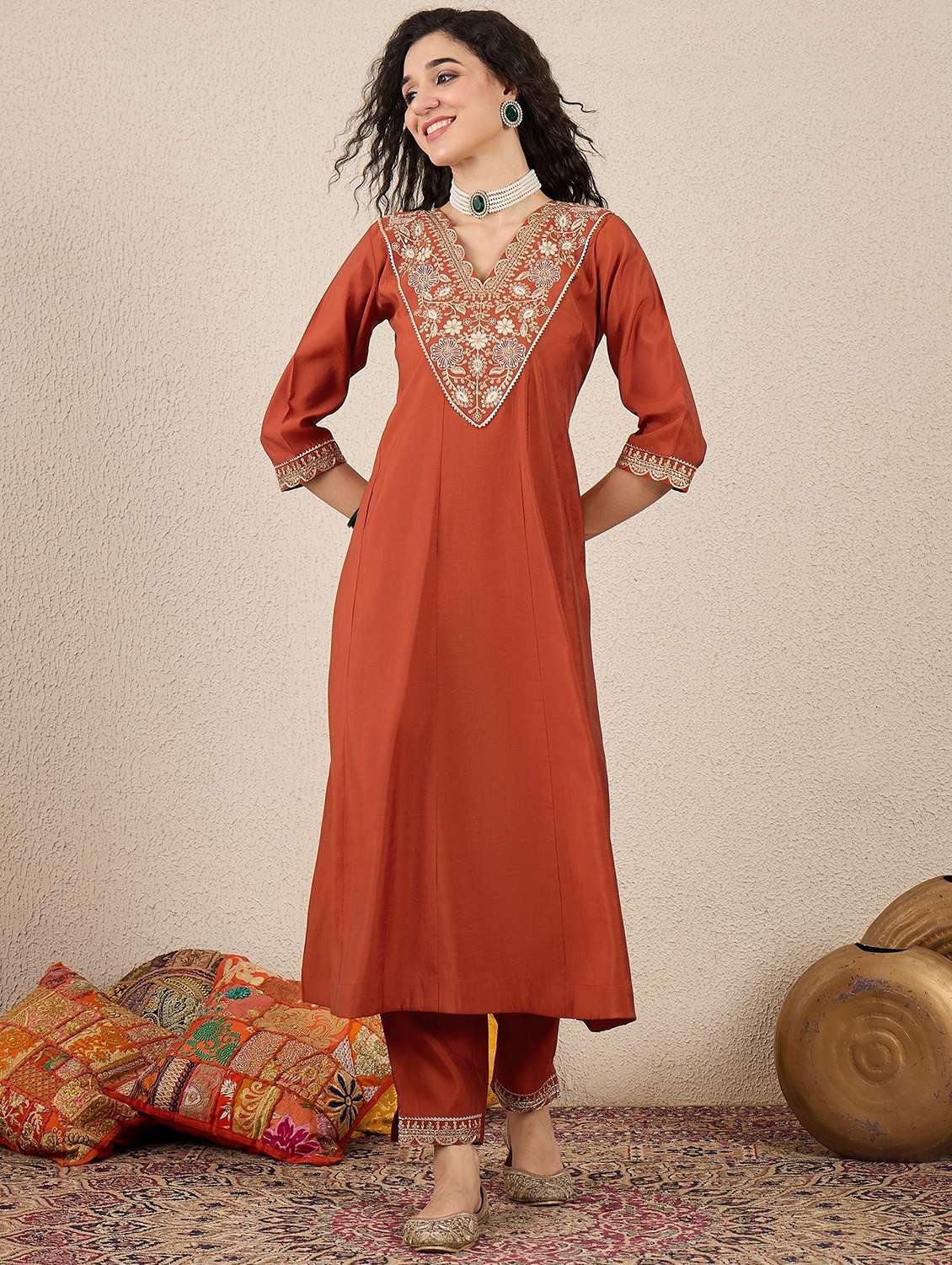 women solid with work three quarter sleeve kurta pant with dupatta set - 22322351 -  Standard Image - 1