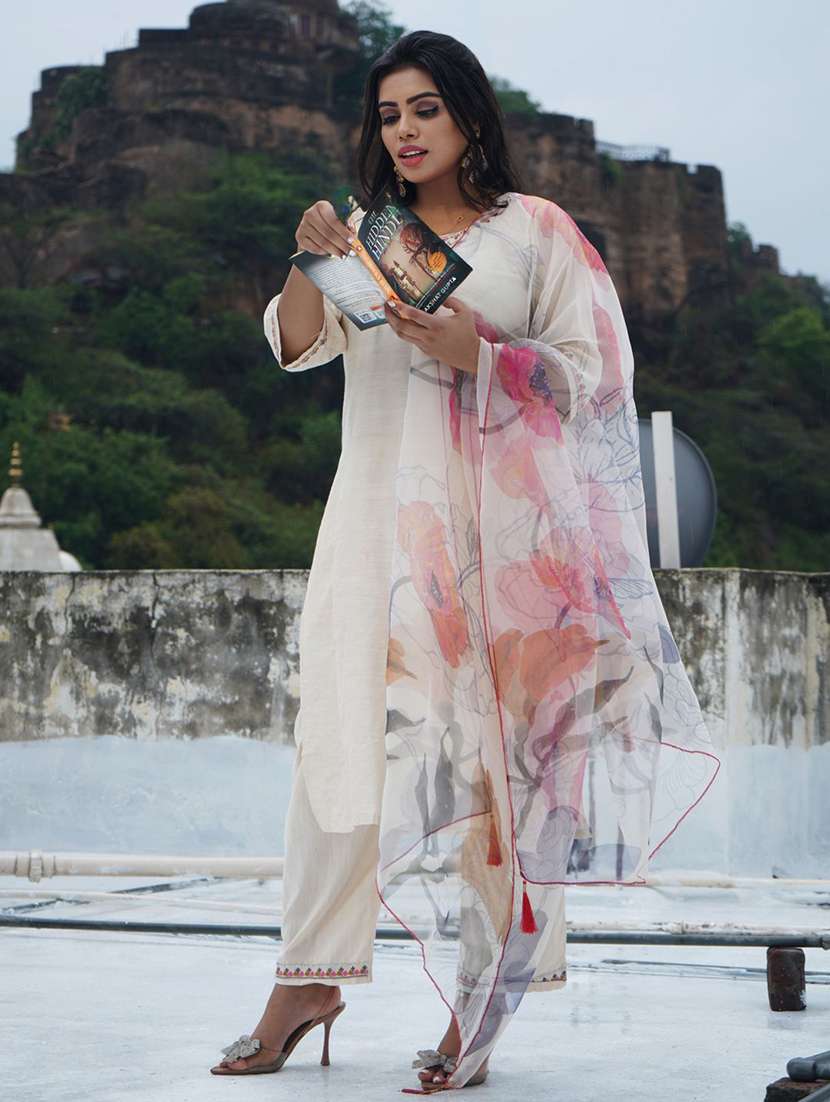 women solid with work three quarter sleeve kurta pant with dupatta set - 22322352 -  Standard Image - 1