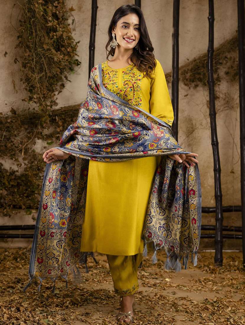 Women Solid With Work Three Quarter Sleeve Kurta Pant With Dupatta Set - 22322354 -  Standard Image - 1
