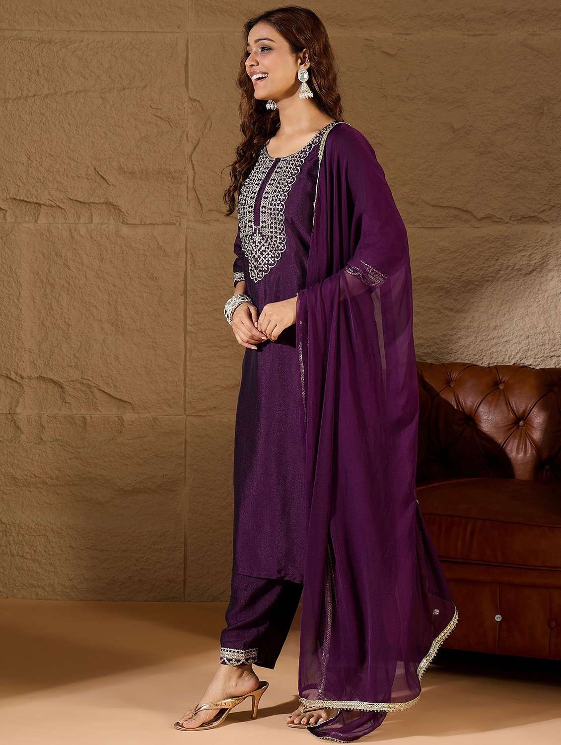 women solid with work three quarter sleeve kurta pant with dupatta set - 22322355 -  Standard Image - 1