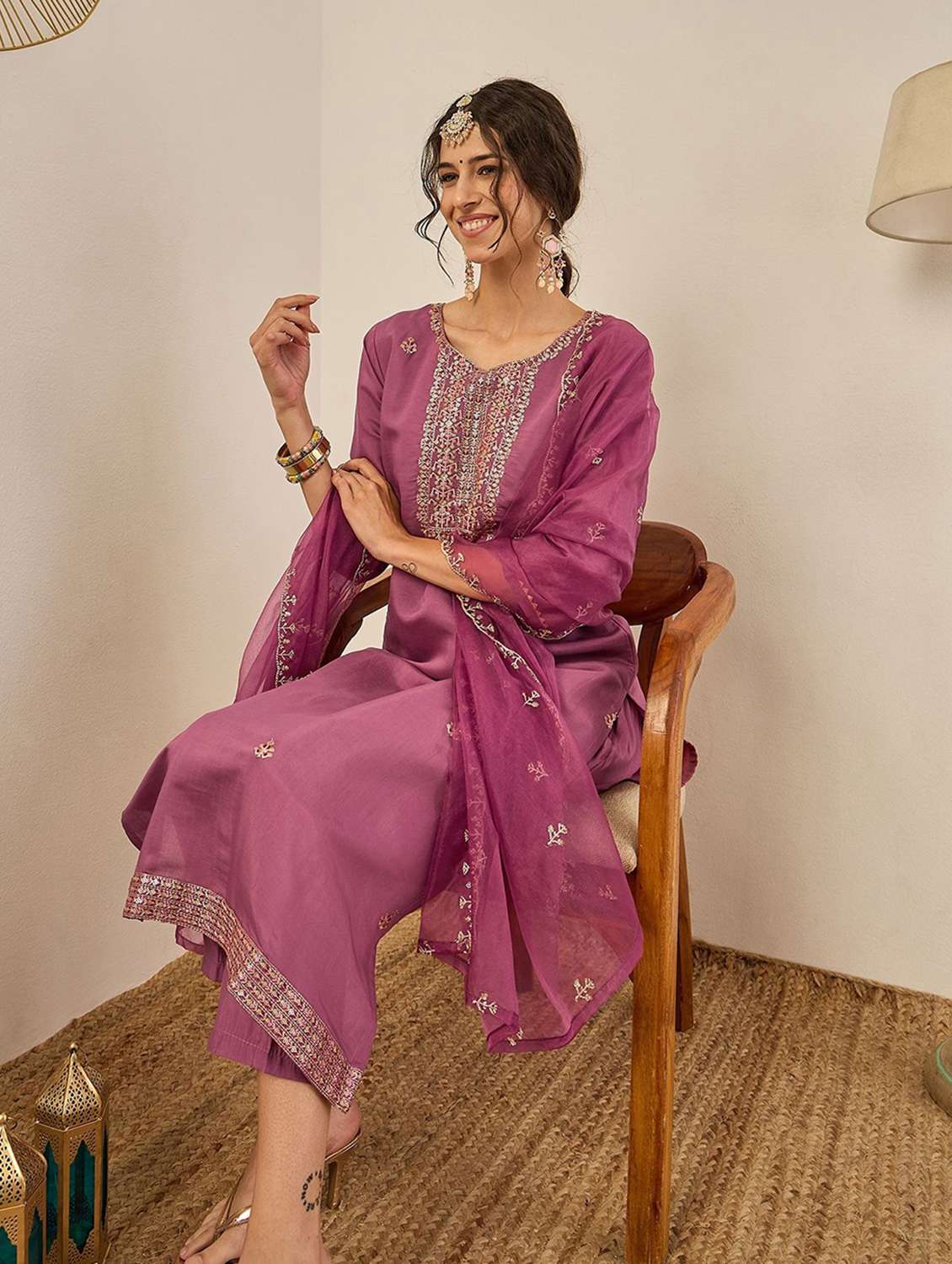 women solid with work three quarter sleeve kurta pant with dupatta set - 22322358 -  Standard Image - 1