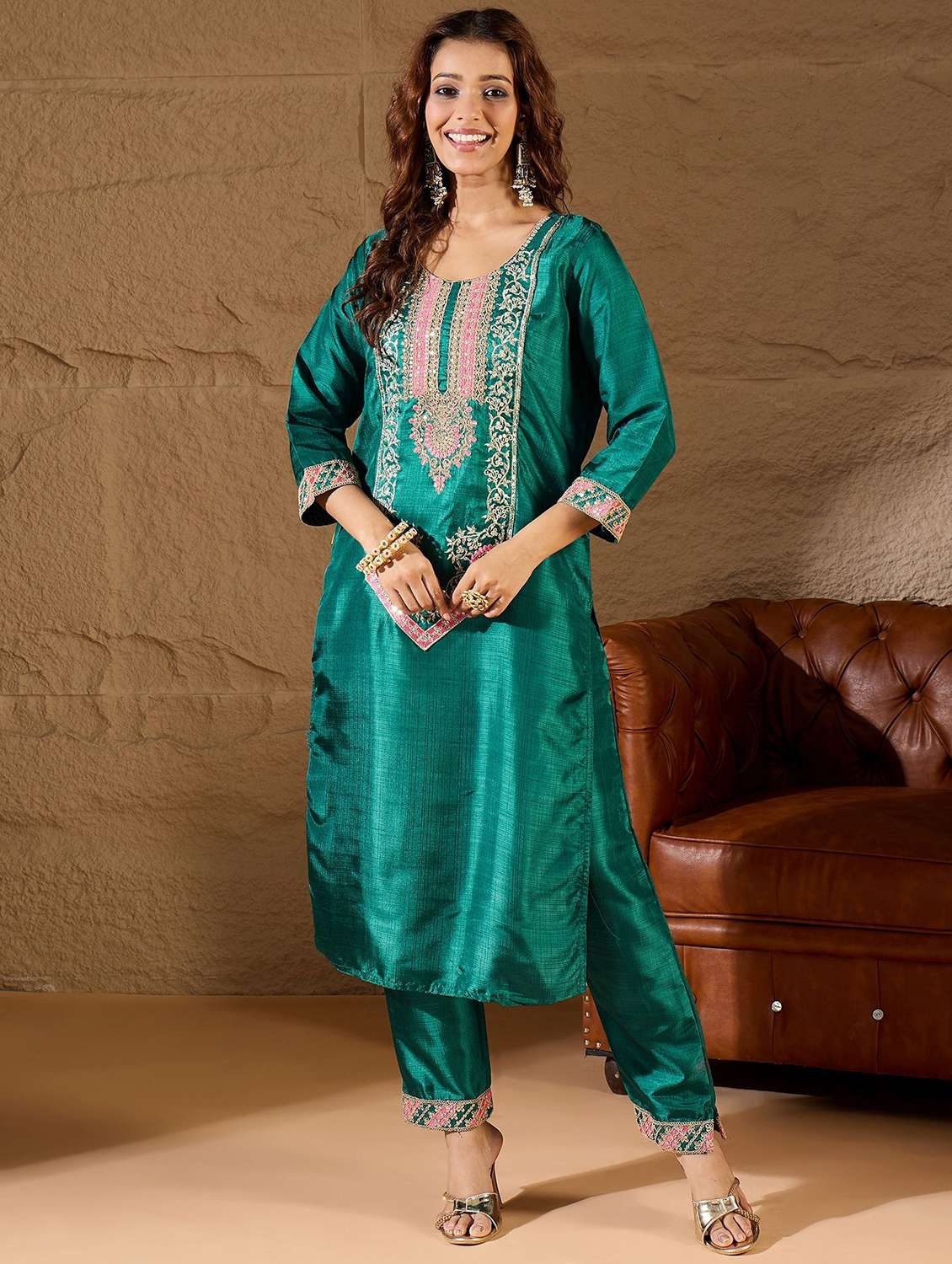 women solid with work three quarter sleeve kurta pant with dupatta set - 22322359 -  Standard Image - 1
