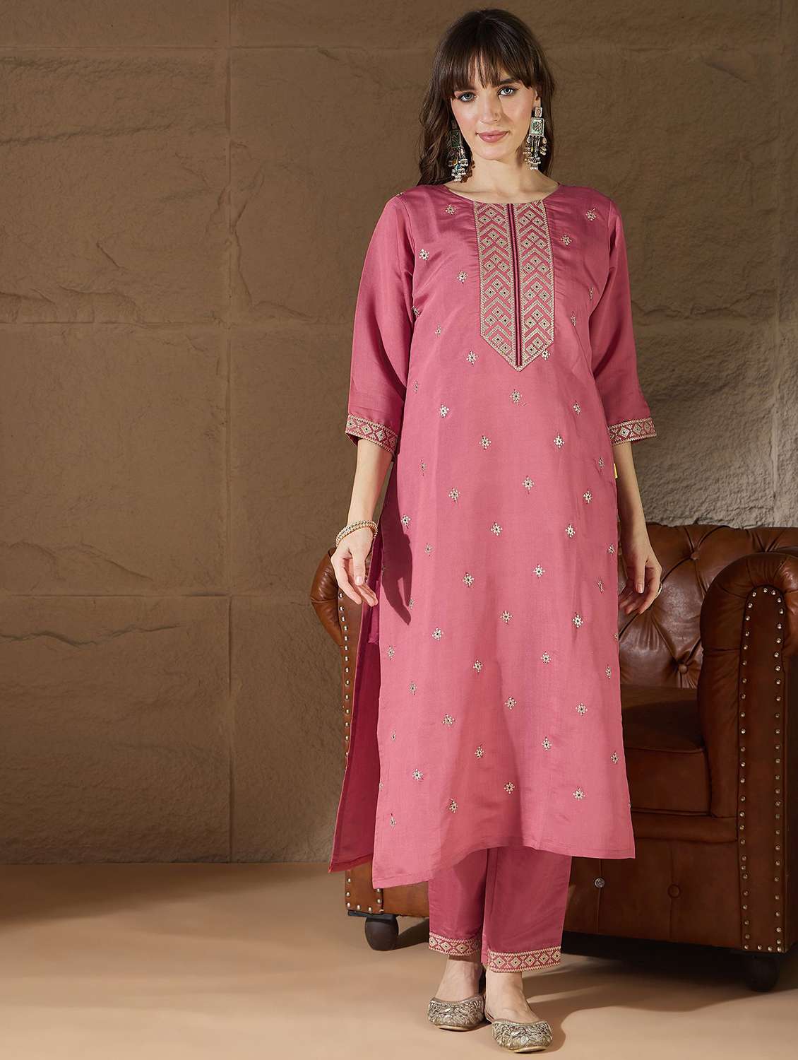 Women Solid With Work Three Quarter Sleeve Kurta Pant With Dupatta Set - 22322360 -  Standard Image - 1