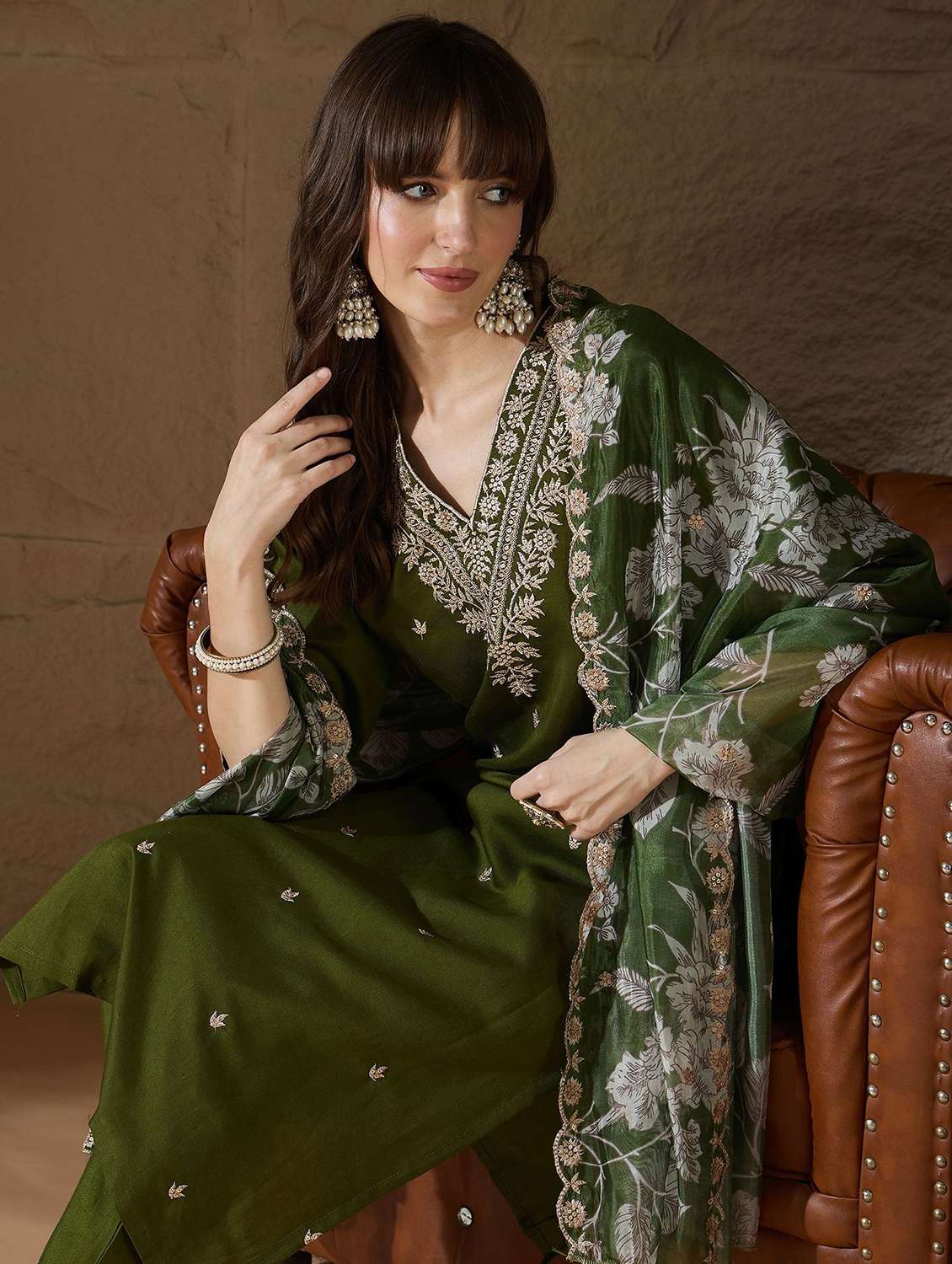 women solid with work three quarter sleeve kurta pant with dupatta set - 22322361 -  Standard Image - 1