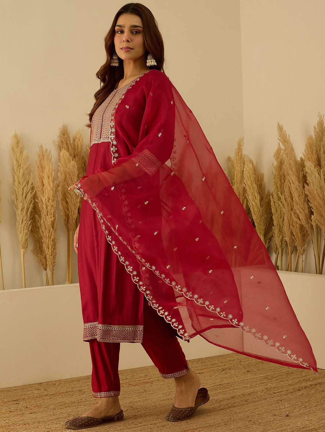 women solid with work three quarter sleeve kurta pant with dupatta set - 22322368 -  Standard Image - 1