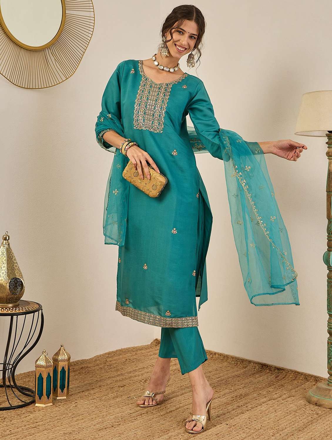 women solid with work three quarter sleeve kurta pant with dupatta set