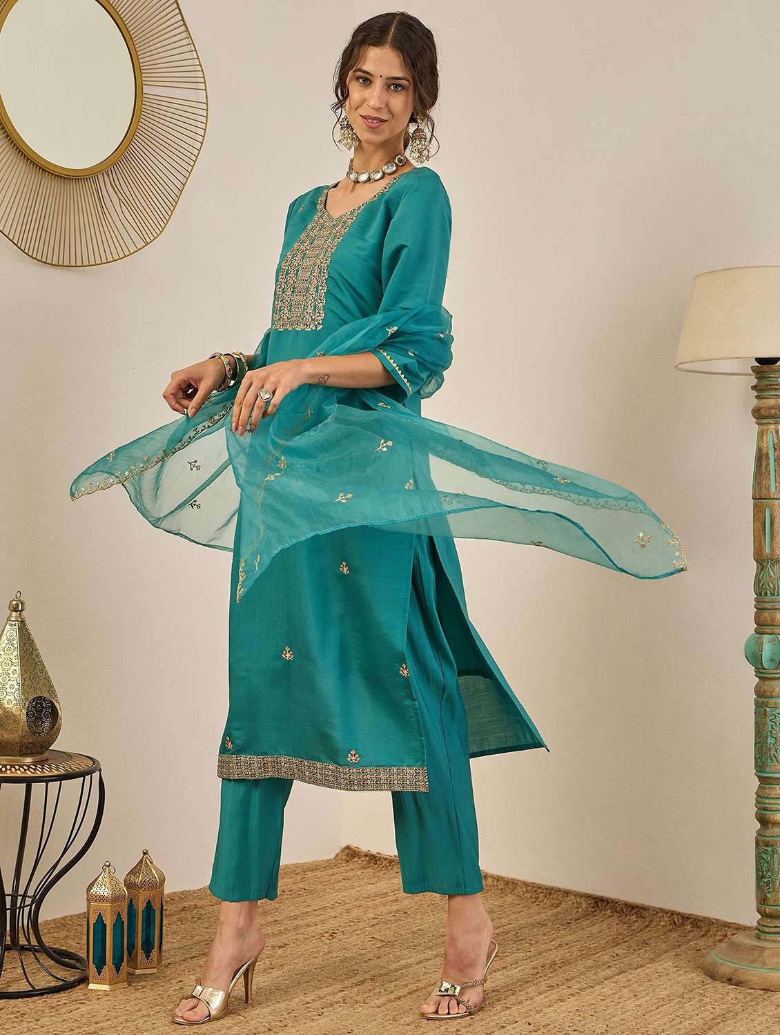 women solid with work three quarter sleeve kurta pant with dupatta set - 22322373 -  Standard Image - 1