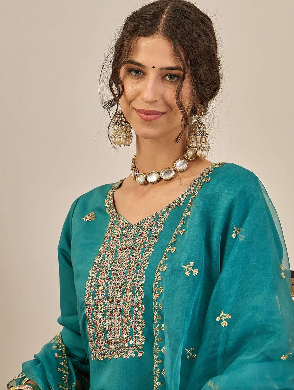women solid with work three quarter sleeve kurta pant with dupatta set - 22322373 -  Standard Image - 4