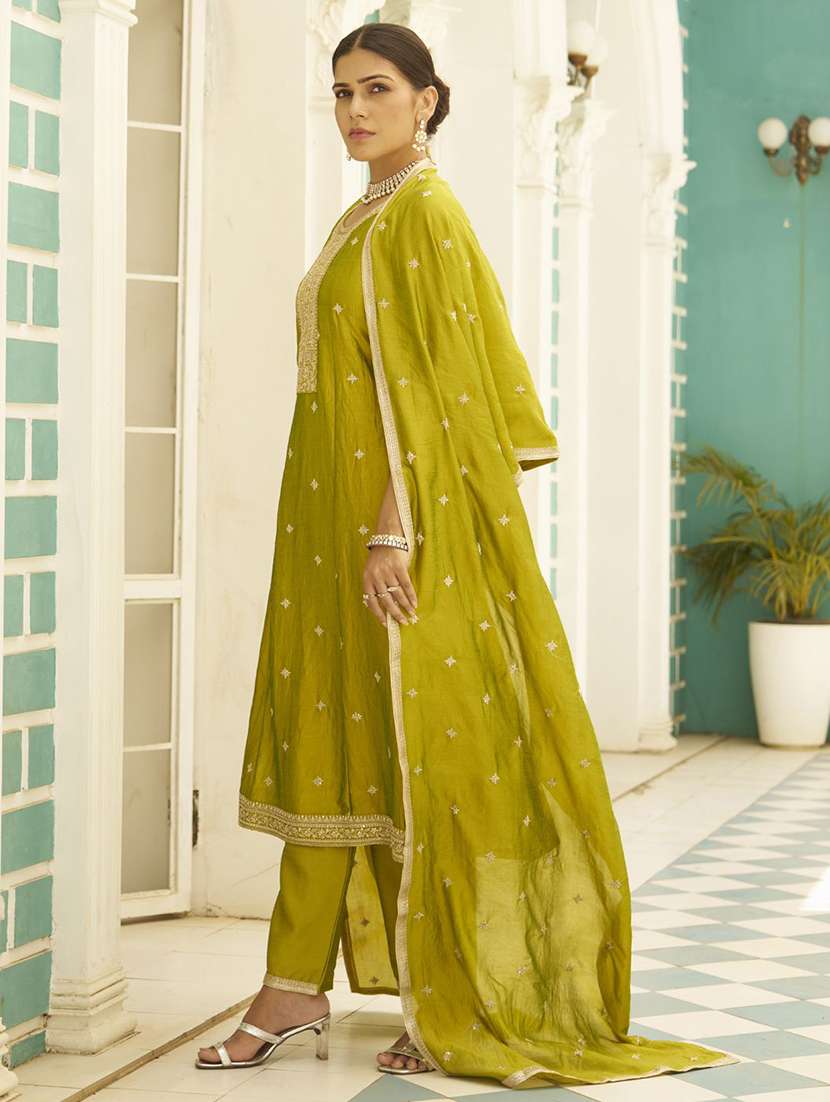 women solid with work three quarter sleeve kurta pant with dupatta set - 22322375 -  Standard Image - 1